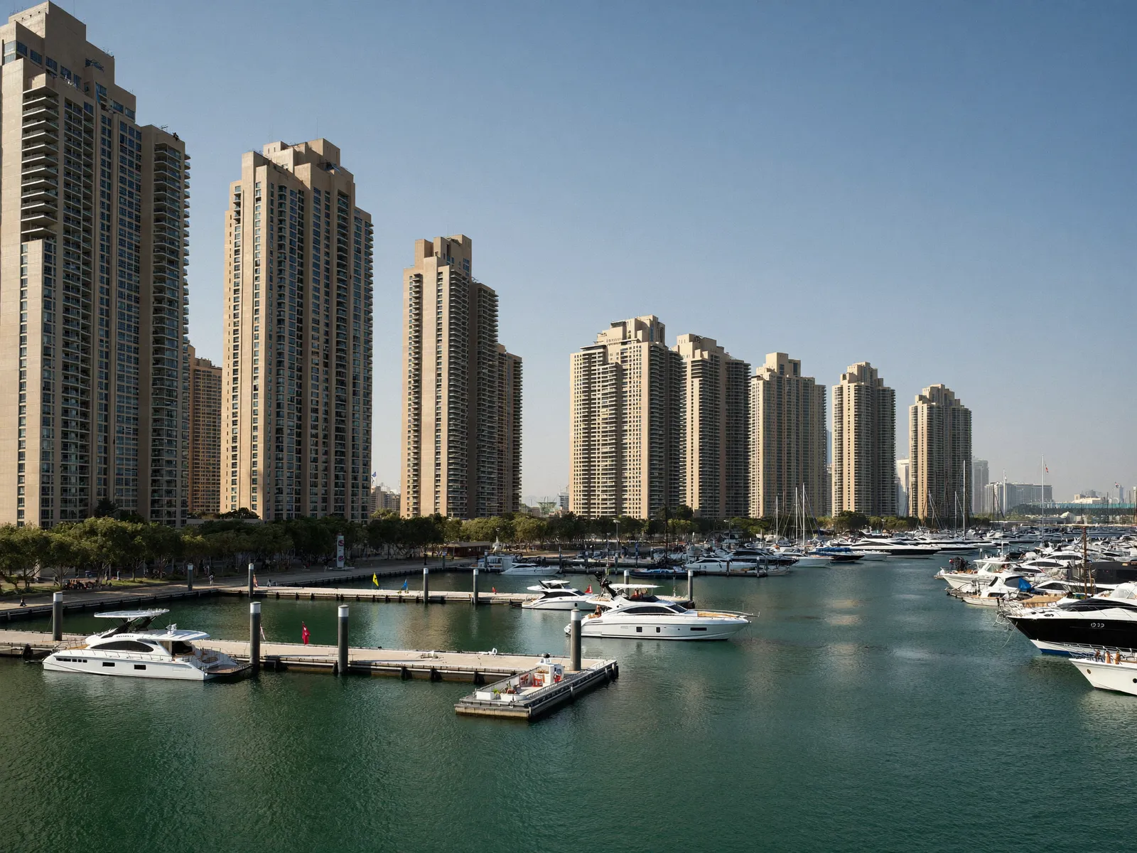 High-rise residential towers lining the canal of Dubai Marina