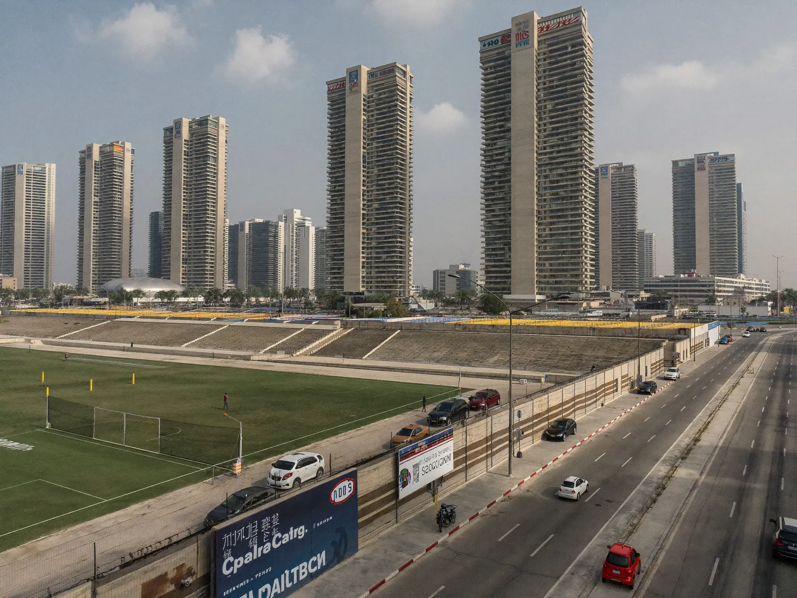 Residential towers near sports fields in Dubai Sports City