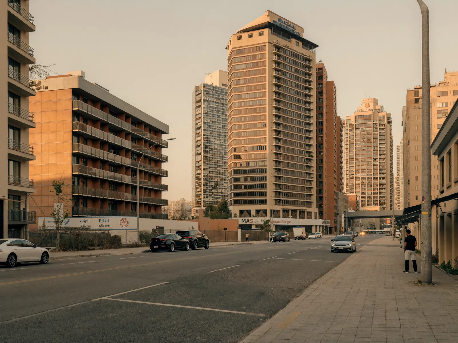 Apartment buildings and offices along a street in Dubai Studio City