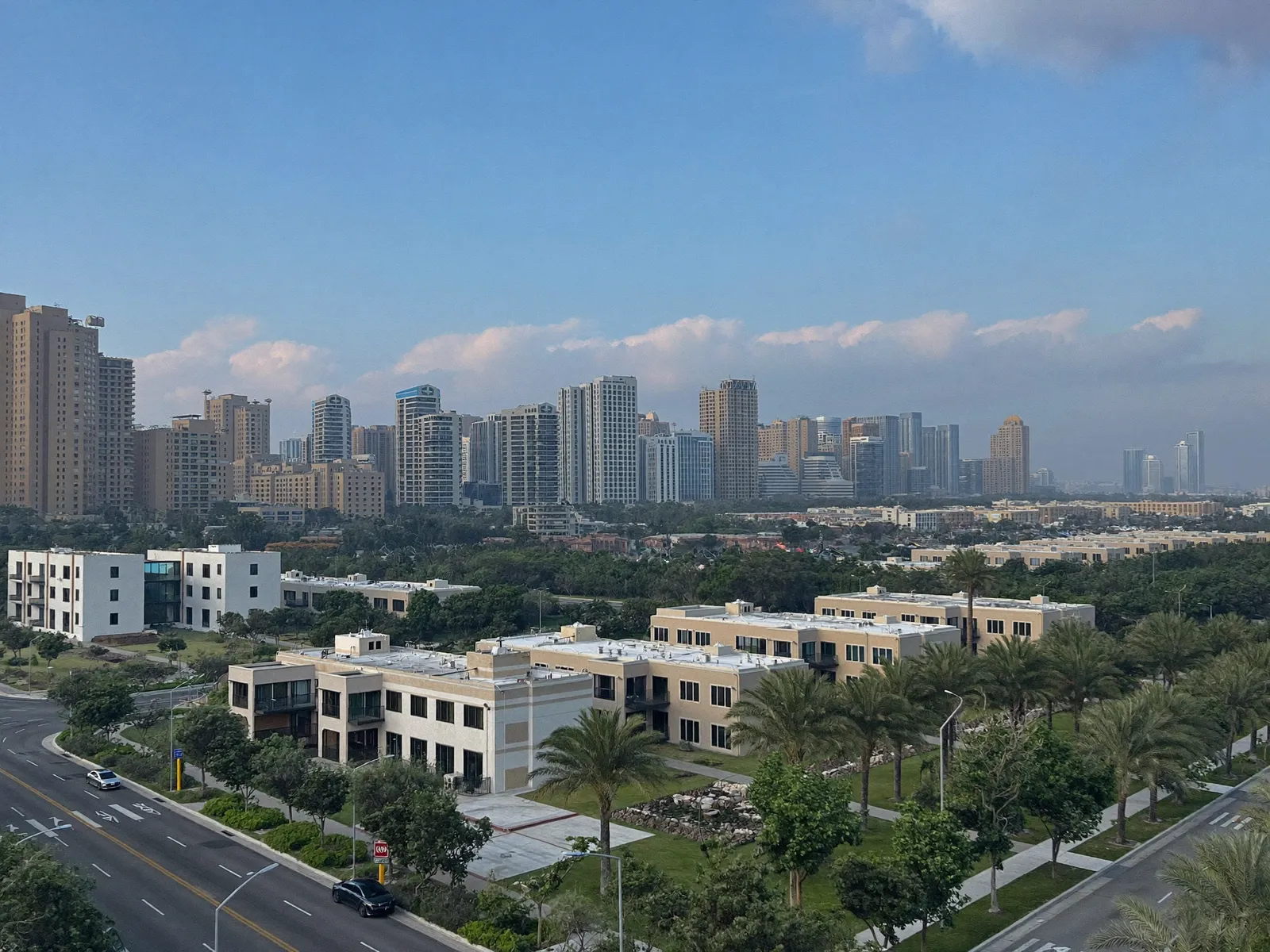 Low-rise apartment buildings and townhouses in Motor City, Dubai