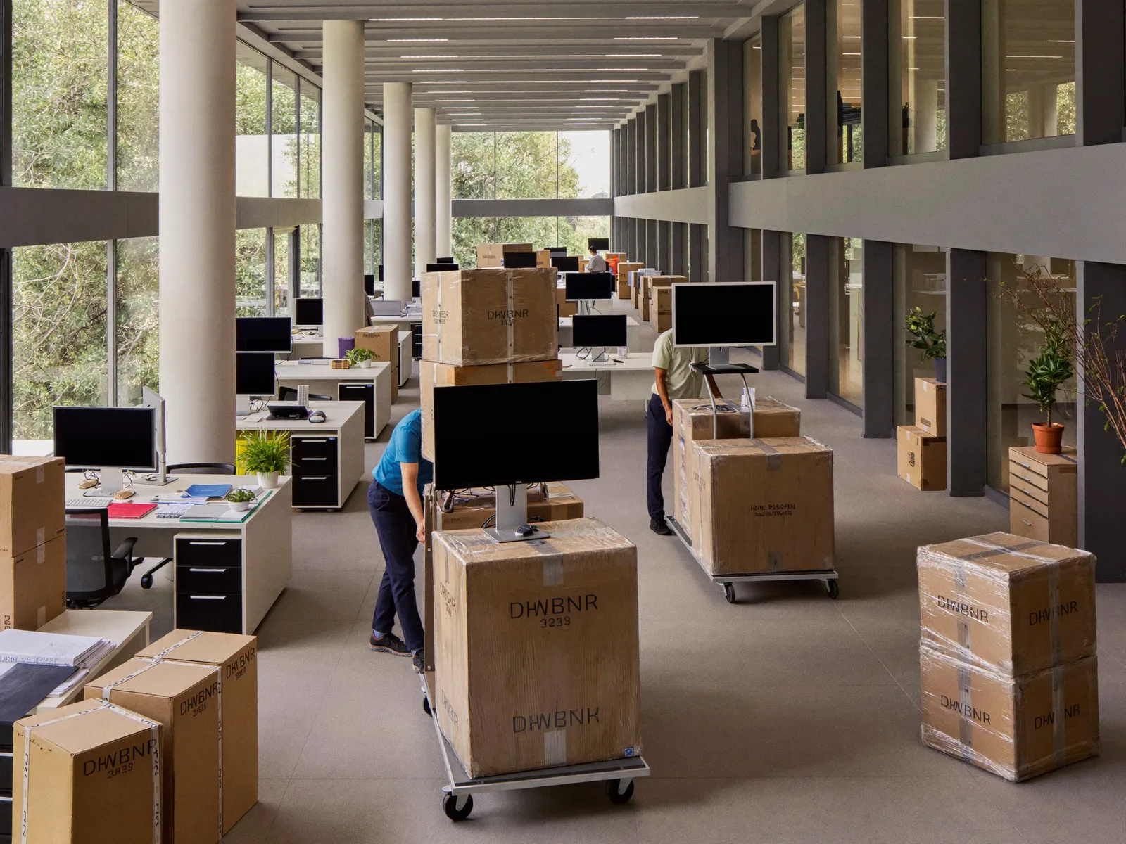 Movers rolling crates of office equipment on trolleys through an open-plan office